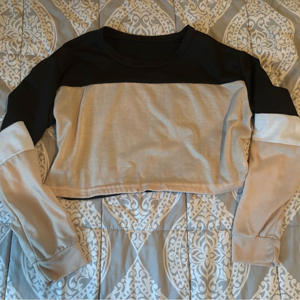 Colorblock Black and Beige Cropped Long-Sleeve Top